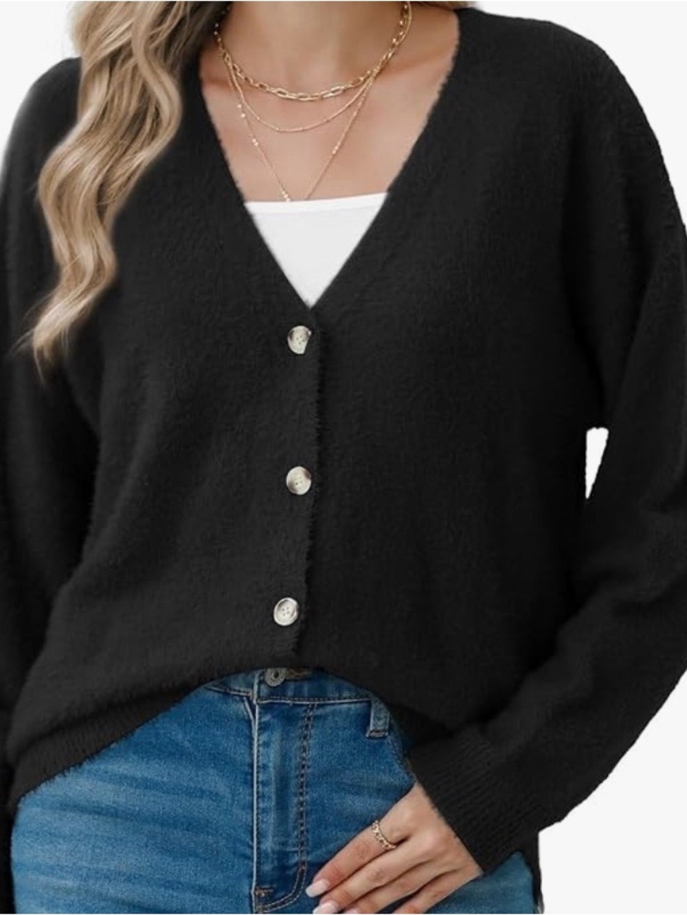 Black Oversized Cardigan Button Front Women's Fuzzy Sweater XL